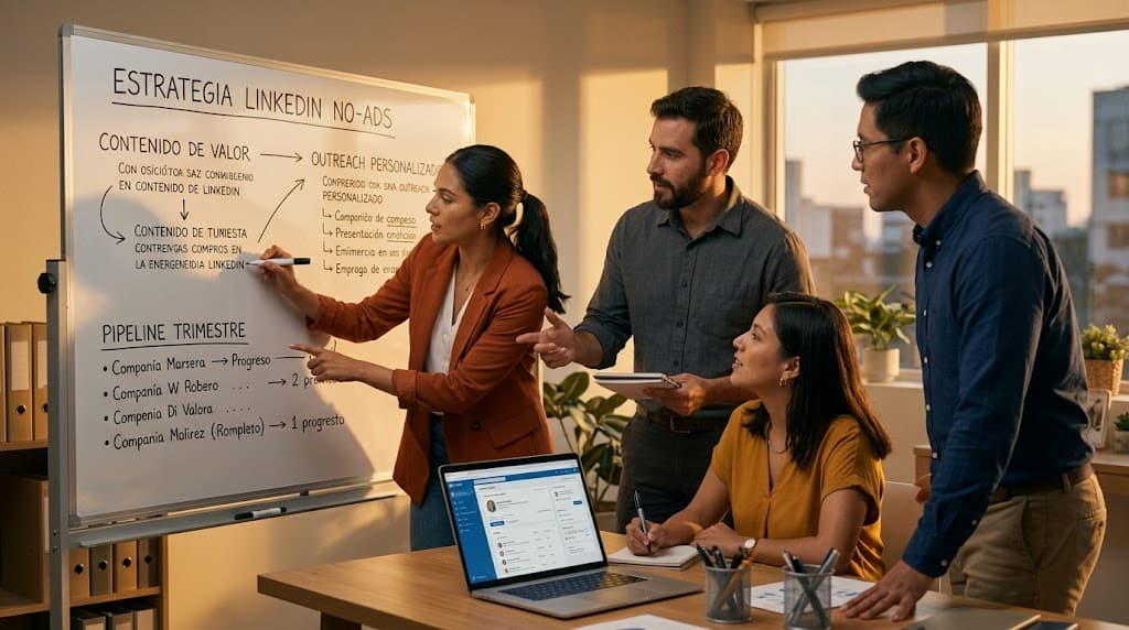 Persona trabajando en laptop revisando LinkedIn y tomando notas en una libreta sobre estrategias de prospección