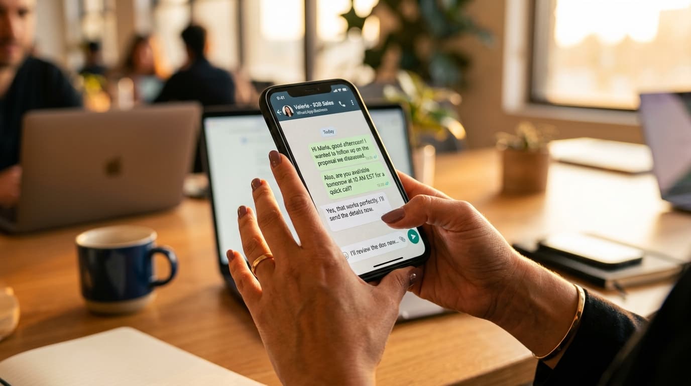 Manos de mujer sosteniendo smartphone con conversación de WhatsApp Business en oficina moderna con luz cálida