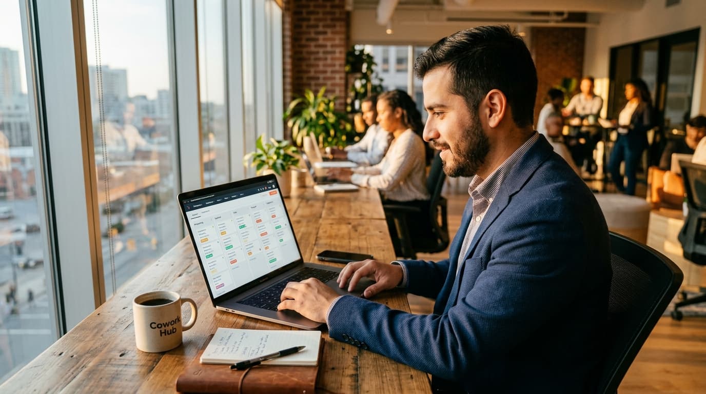 Vendedor B2B usando un CRM Kanban en laptop para gestionar estrategias de captación de clientes