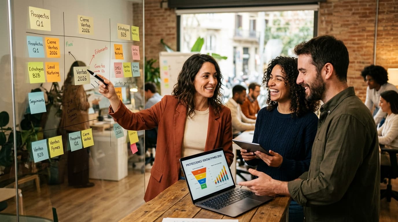 Equipo comercial de una pyme revisando estrategias de ventas y pipeline en una pizarra