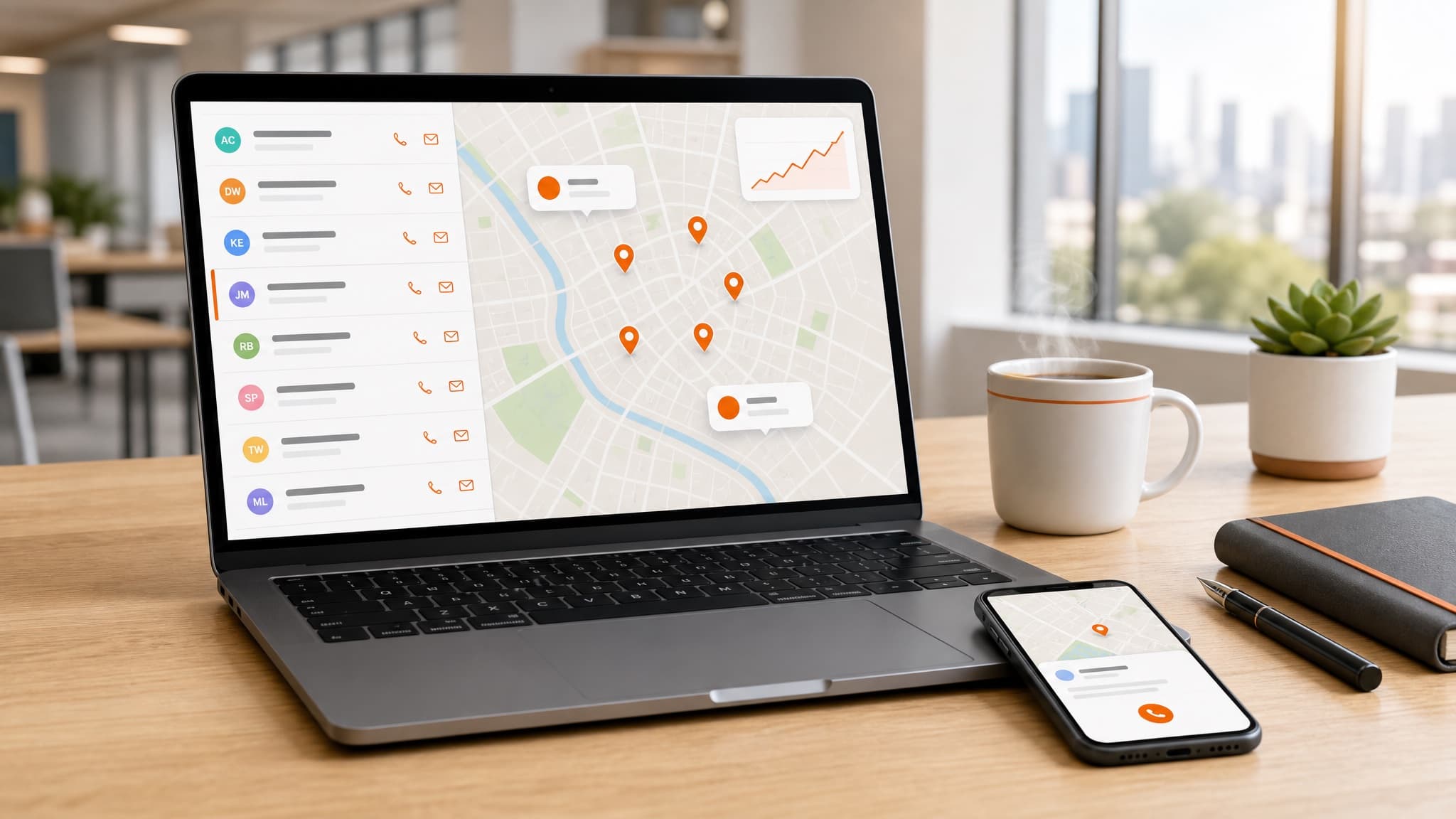 Pantalla de laptop mostrando Google Maps con varios negocios abiertos en pestañas y una hoja de cálculo con direcciones de email al costado.