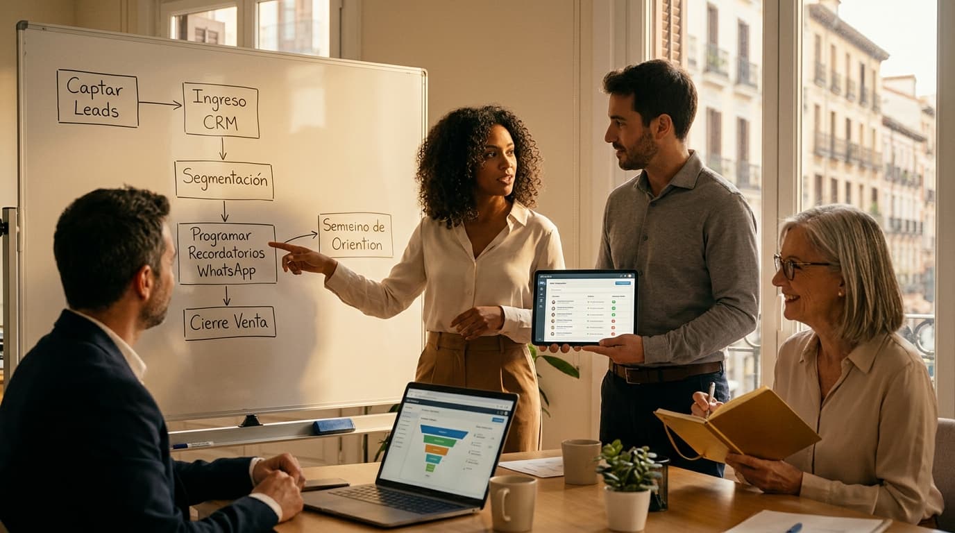 Persona programando mensajes en WhatsApp desde un escritorio con laptop y smartphone