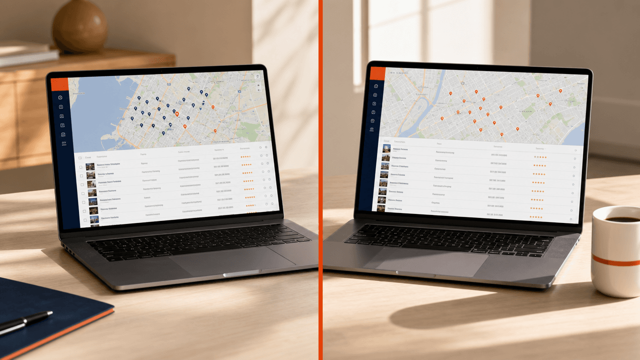 Pantalla comparando Scrap.io y Outscraper, dos extractores de datos de Google Maps, con tablas de precios y leads