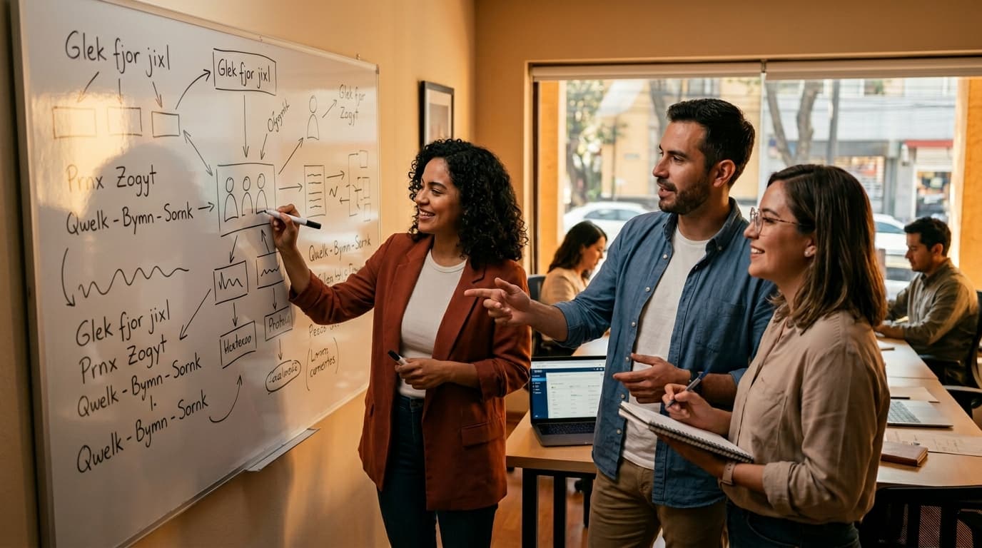 Vendedor B2B presentando un speech de ventas a clientes en una sala de reuniones moderna