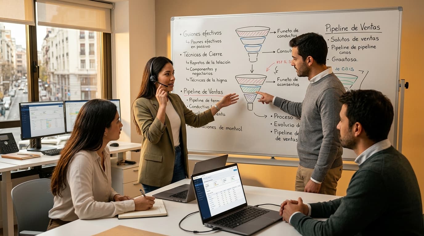 Ejecutivo de ventas hablando por teléfono en una oficina, tomando notas y usando una laptop