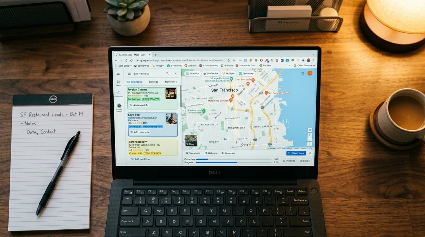 Pantalla de navegador Chrome mostrando extensiones de scraping para Google Maps Pantalla de navegador Chrome mostrando extensiones de scraping para Google Maps