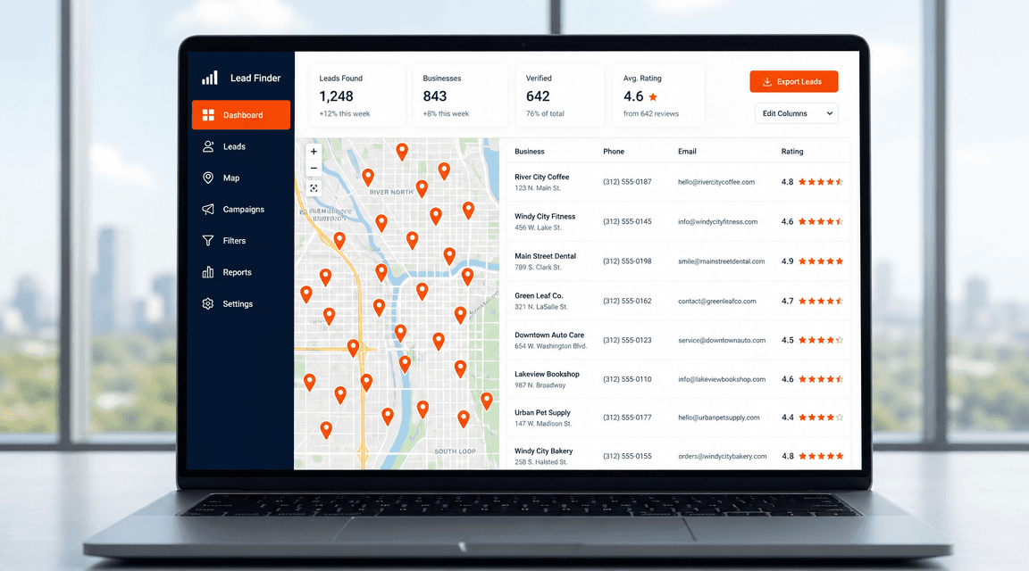 Laptop mostrando un generador de leads con un mapa de negocios locales y una lista de contactos con teléfono y email Laptop mostrando un generador de leads con un mapa de negocios locales y una lista de contactos con teléfono y email