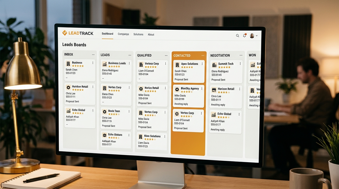 CRM Kanban para gestionar leads de Google Maps Tablero CRM Kanban con leads de negocios locales organizados por etapa